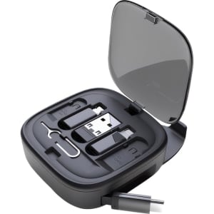 A compact, black retractable charging and data cable set housed in a protective case with a transparent lid.