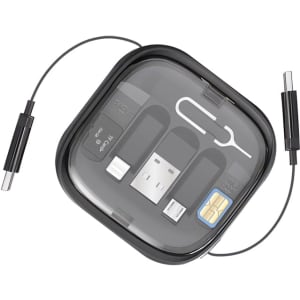 A compact black storage case containing a retractable 60W charging and data cable set with multiple connectors.
