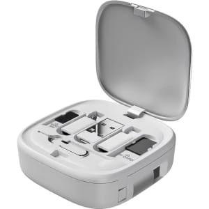 A compact grey storage case containing a retractable 60W fast charging and data cable set with various connectors.