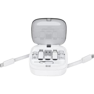 A retractable 60W fast charging and data cable set in a white case, featuring multiple connector types.