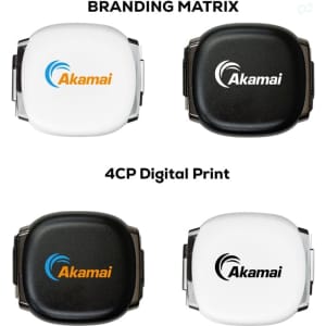 A set of promotional retractable charging data cables in white and black, featuring branding on each side.