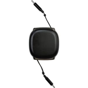 A retractable charging data cable in black, featuring two connectors and a compact, square design with a logo.