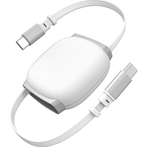 A white retractable charging data cable with USB-C connectors on both ends, featuring a sleek design and minimalistic branding.