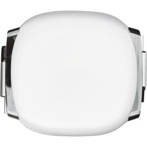 A white retractable charging data cable with a compact design and a silver clasp. It features a logo.