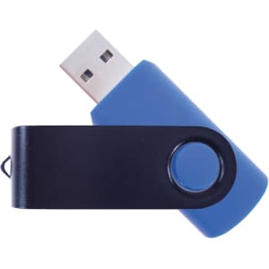 A blue USB flash drive with a black swivel cover, featuring a logo on one side.