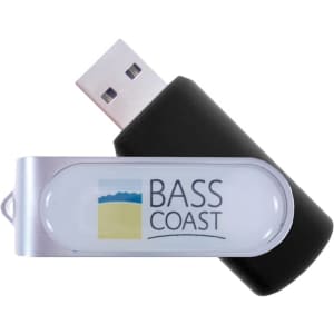 A black USB flash drive with a clear casing featuring a logo and a colourful design.