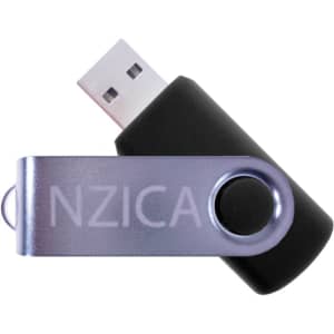 A purple and black swivel USB flash drive with a branding logo on the side.