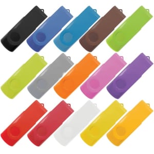 A collection of Mix N Match Flash Drives in various colours, including black, blue, brown, green, yellow, and pink.