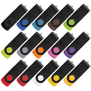 A collection of black flash drives in various vibrant colours, each featuring a circular button and a logo.