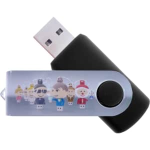 A black USB flash drive with a removable silver cap featuring cartoon character designs on the side and a branding logo.
