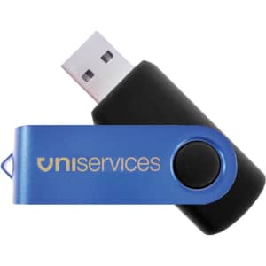 A blue and black USB flash drive with a swivel design and a logo on its side.