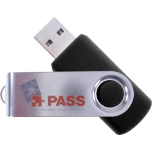 A black and silver USB flash drive with a swivel cover and a logo on the side.