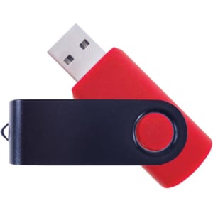 A red and black USB flash drive with a swivel design and a circular knob. It has a logo on the side.