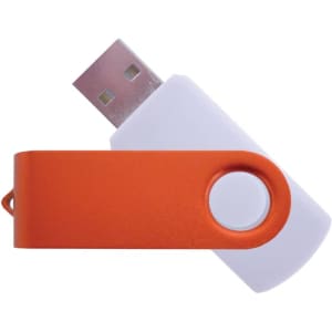 A USB flash drive featuring an orange swivel cover and a white casing, displaying a simple design.