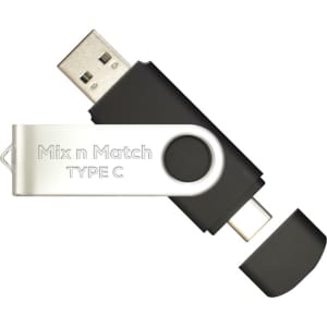 A Type-C flash drive in black and silver with a rotating design and a protective cap. It features a logo.
