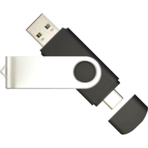 A black and silver Mix N Match Type-C flash drive with a swivel design and dual connectors.