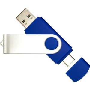 A blue and white Mix N Match Type-C Flash Drive with a swivel cap and a USB connector. It features a logo.