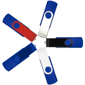 A collection of Mix N Match Type-C flash drives in blue, red, black, and white, featuring a logo on each drive.