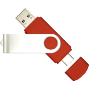 A red and silver Mix N Match Type-C flash drive with a swivel design and detachable cap.