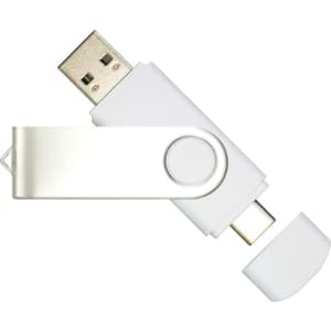 A white Mix N Match Type-C flash drive with a rotating design and both USB and Type-C connectors.