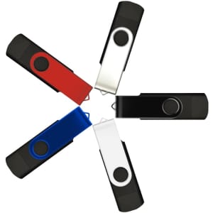 A set of four Type-C flash drives in black, white, blue, and red, arranged in a star pattern. Each has a logo.