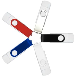 A collection of four flash drives in red, blue, black, and white, arranged in a star formation. Each has a logo.