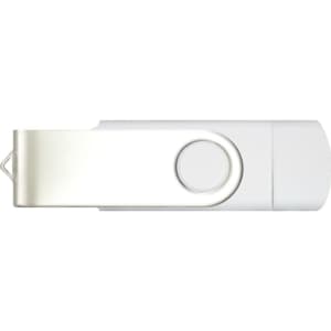 A white Mix N Match Type-C flash drive with a silver swivel cover and a circular button. It features a logo.