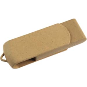 An eco-friendly swivel flash drive in a light brown colour, featuring a minimalist design and a branding logo.