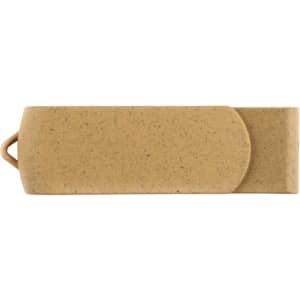 An eco-friendly swivel flash drive in a natural brown colour, featuring a logo on its surface.