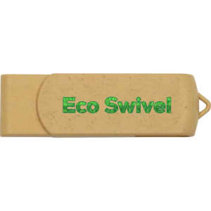 A tan Eco Swivel Flash Drive with a green logo, featuring a swivel mechanism for easy access.