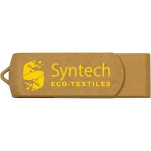 A brown eco-friendly swivel flash drive with a logo, featuring a sleek design.