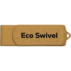 A gold eco-friendly swivel flash drive with a branding logo, featuring a smooth and sleek design.