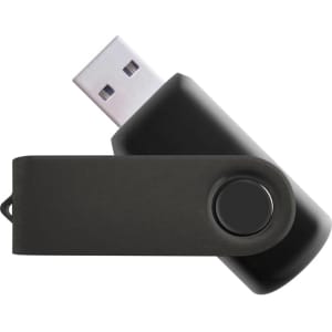 A black flash drive with a swivel design and a circular button, featuring a branding logo.