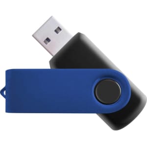 A blue and black USB flash drive with a swivel design. Features a circular button and has a branding logo.