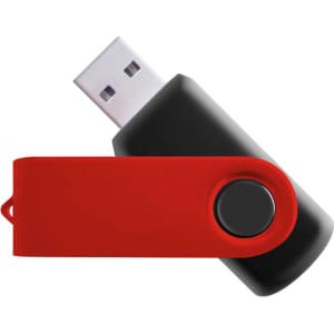 A red and black swivel flash drive with a circular button and a USB connector. It has a branding logo.