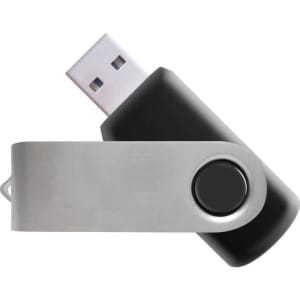 A black and silver Mix N Match flash drive with a swivel design and a circular button. It features a branding logo.