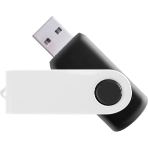 A two-tone flash drive featuring a black and white design, with a retractable USB connector and a small button.