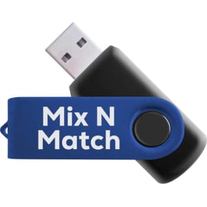 A blue and black flash drive featuring a swivel design and a logo.