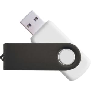 A flash drive in black and white, featuring a swivelling cover and a circular button. It has a logo on one side.