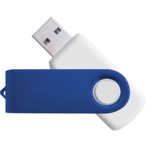A blue and white flash drive with a swivel cap and a branding logo on the side.