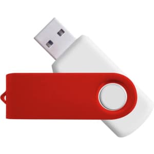 A red and white USB flash drive with a swivel design and a push-button mechanism.