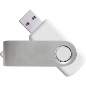 A silver and white USB flash drive with a swivel design and a circular button. It features a logo on the body.