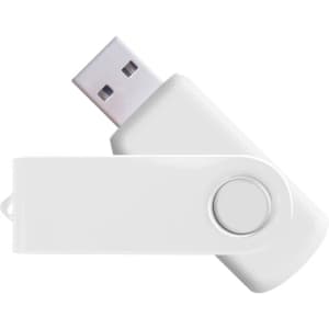 A white flash drive with a swivel design and a logo, featuring a USB connector on one end.