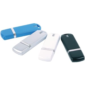 A collection of four flash drives in blue, silver, white, and green, featuring a sleek design and a logo.