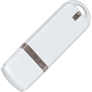 A white flash drive with a silver band, featuring a loop for easy attachment.