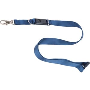 A blue lanyard with a clip and USB flash drive attachment, featuring a small logo or branding.