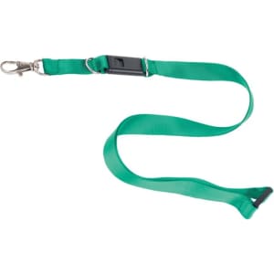 A green lanyard with a metal clip and adjustable buckle, designed to hold a USB flash drive.