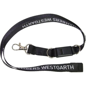 A black conference lanyard with a clip and a breakaway buckle, featuring a logo along its length.