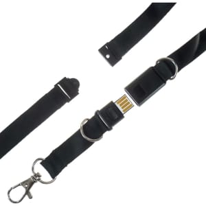A black conference lanyard with a USB flash drive attachment and a metal clip for easy access.