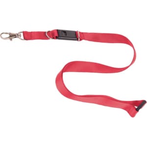 A red lanyard with a metal clip and buckle, designed to hold a USB flash drive. It features a simple, functional design.
